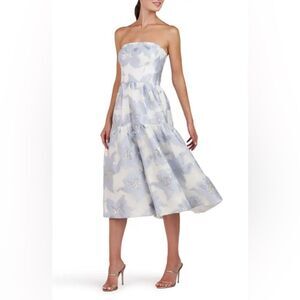 Kay Unger CASSIE MIDI DRESS Size 12 Blue, Silver, White